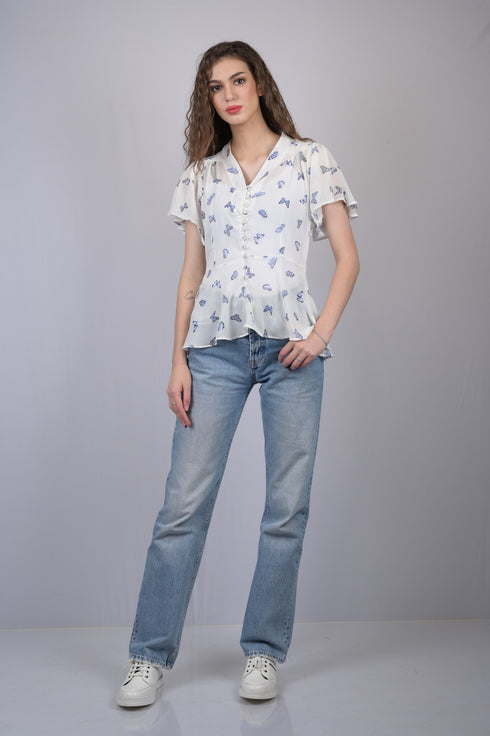 White Embellished Butterfly Print V-Neck Flutter Sleeves Peplum Top (OTL-TPS1009)
